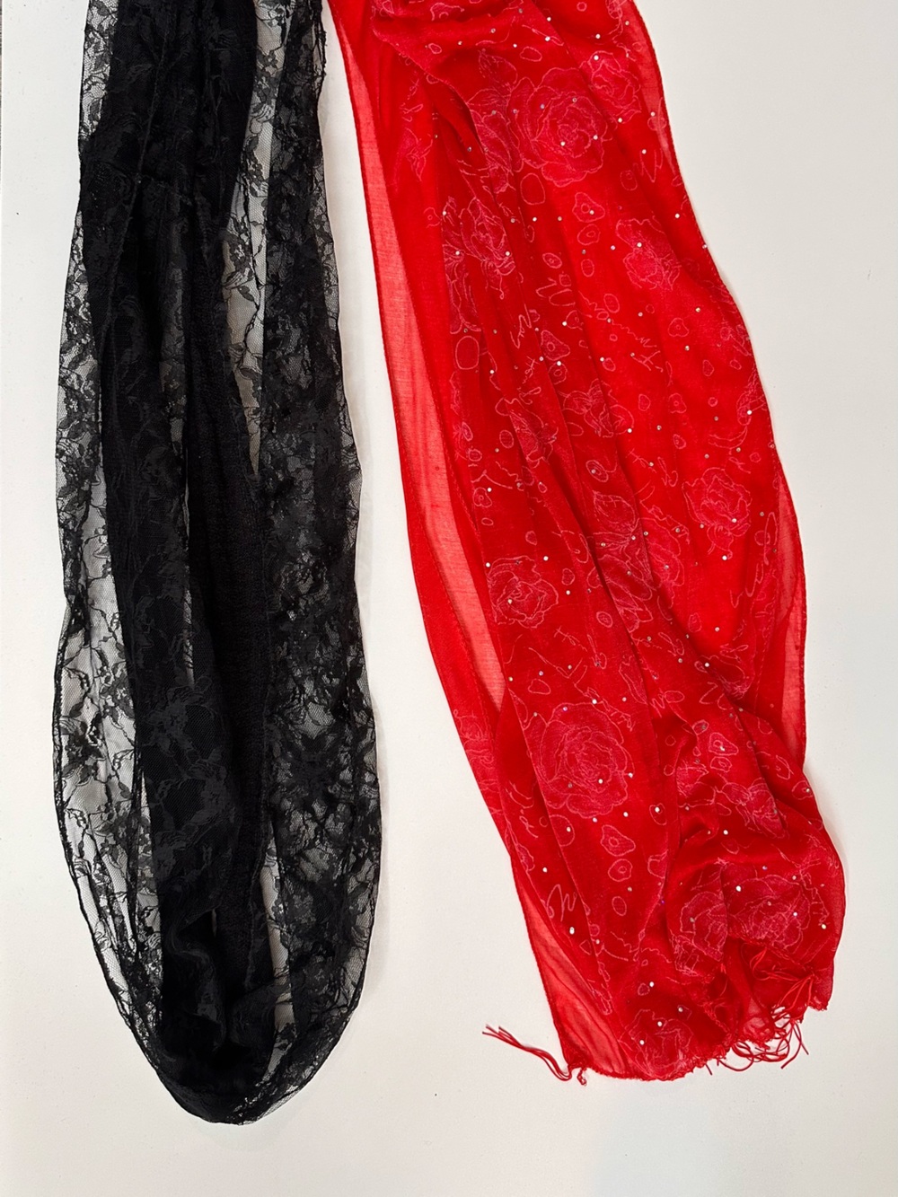 SET OF TWO - Black Lace and Red Floral Sheer Scarves - Women Accessories